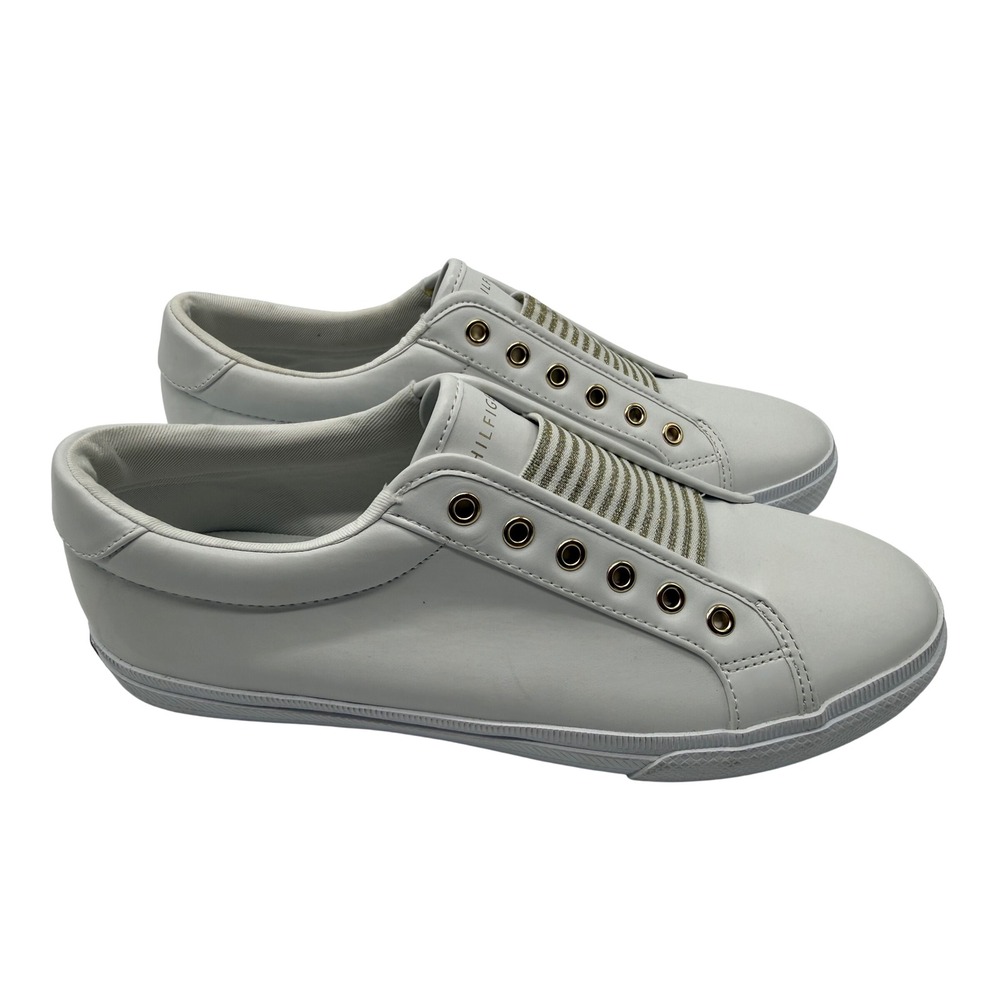 Tommy Hilfiger TWLAVEN Sneakers Womens 9 White Excellent Slip On Gold Striped